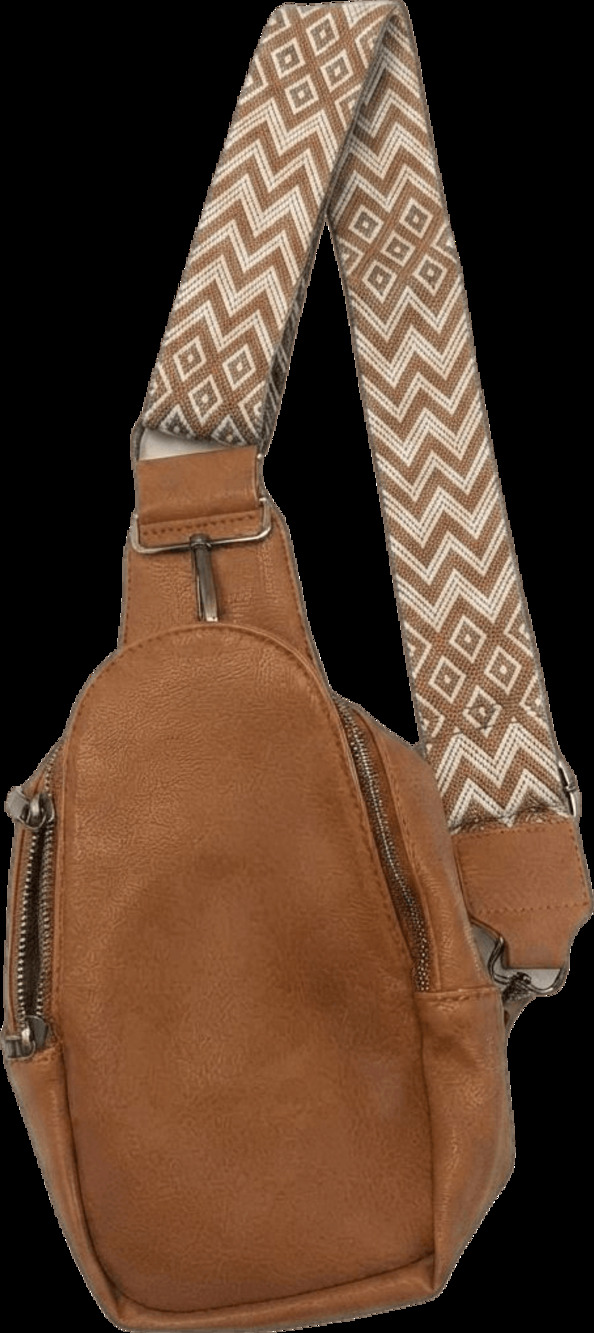 PU Leather Sling Bag with Ethnic Woven Guitar Strap Crossbody Chest Bag, Brown